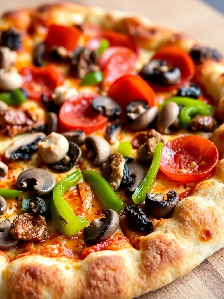 A close-up shot of a freshly baked Boston Pizza Signature Pizza with visible toppings like pepperoni, mushrooms, and green peppers, showcasing its appealing texture and vibrant colors.