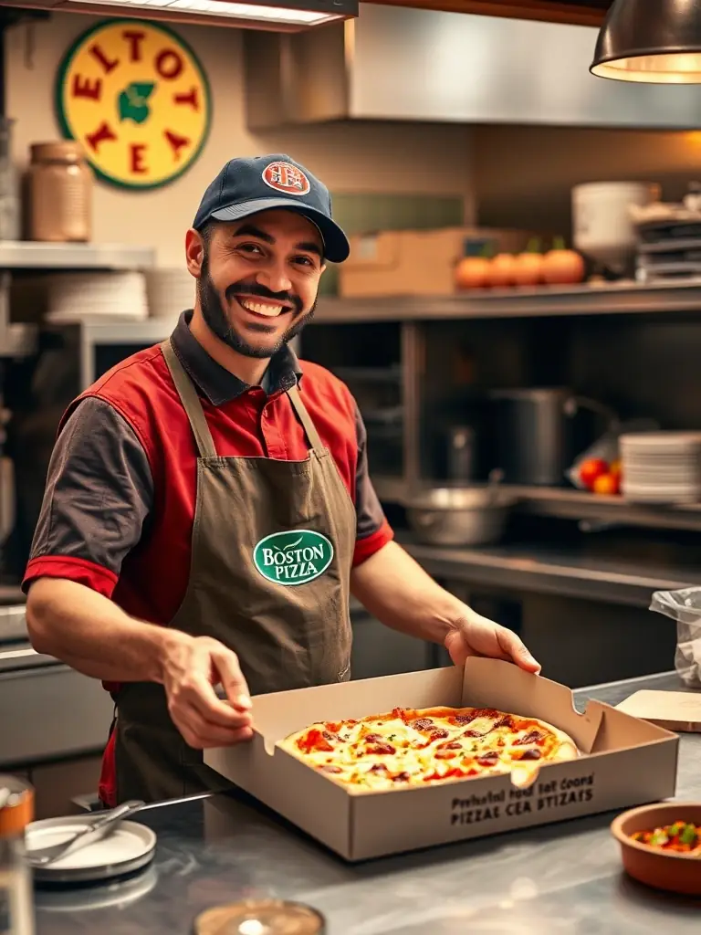 An image of a Boston Pizza employee carefully placing a pizza into a takeout box, highlighting the attention to detail and care in preparing orders for pickup.