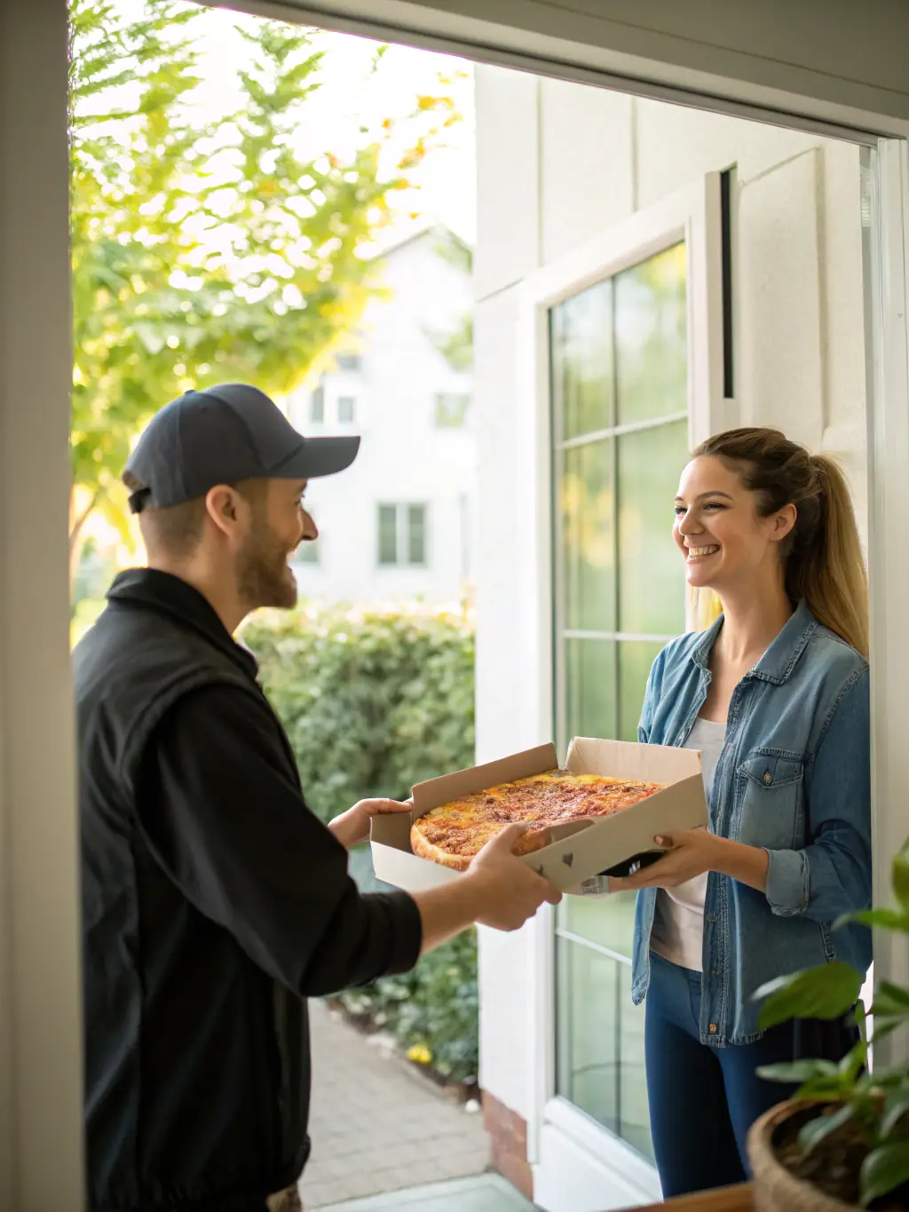 A photo of a Boston Pizza delivery driver handing a pizza box to a customer at their doorstep, emphasizing the convenience and speed of the delivery service.