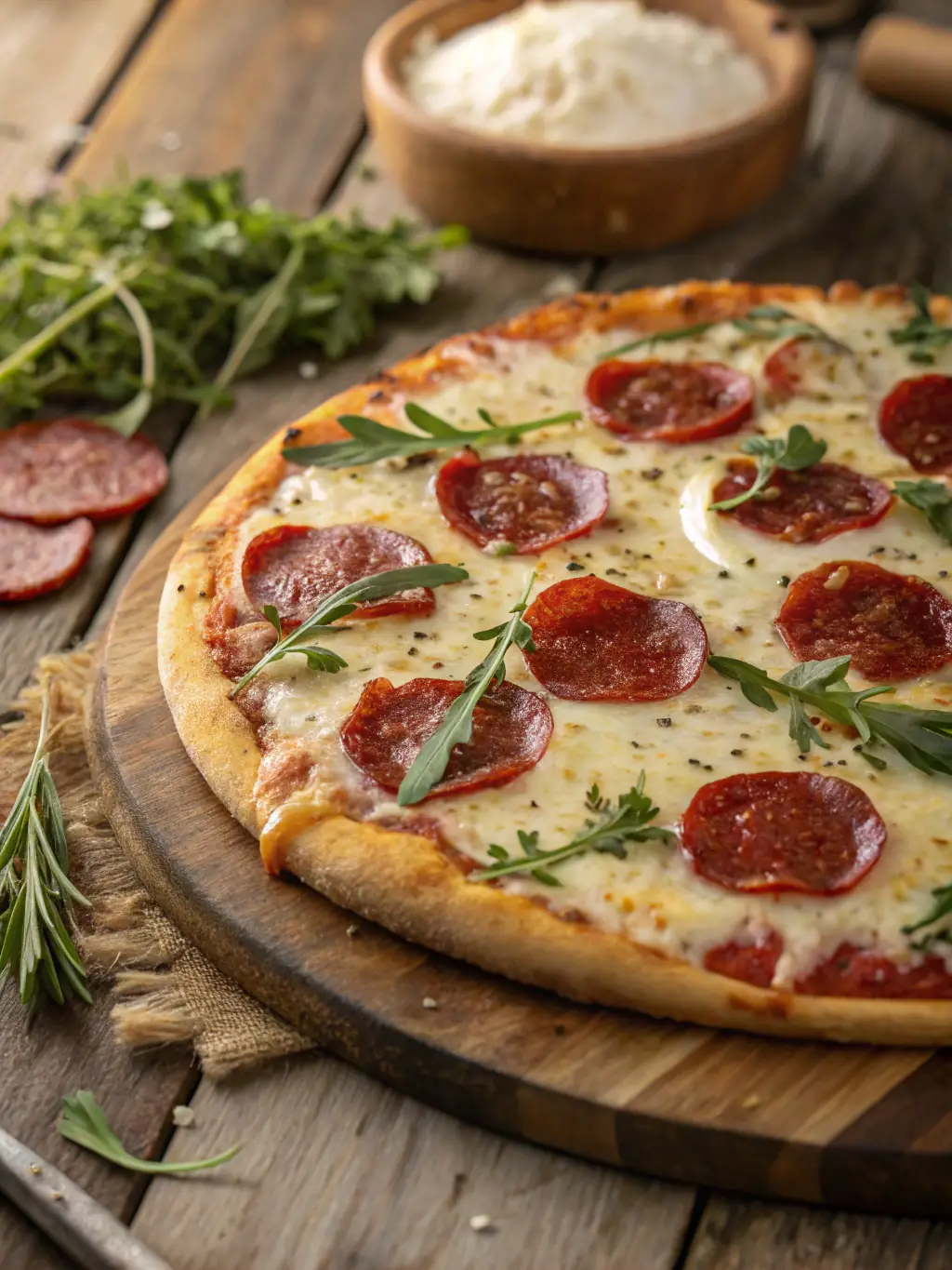 A mouth-watering close-up of a Classic Pepperoni Pizza from Boston Pizza, showcasing the generous layer of pepperoni and melted mozzarella cheese on a crispy crust.