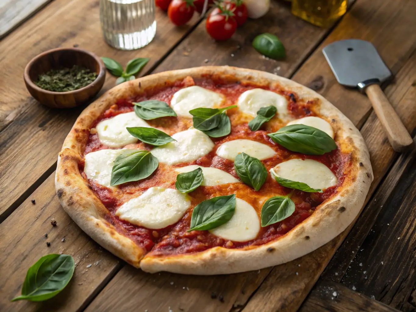 A visually appealing image of a Margherita Pizza, featuring fresh basil leaves, ripe tomato slices, and creamy mozzarella cheese on a thin crust.