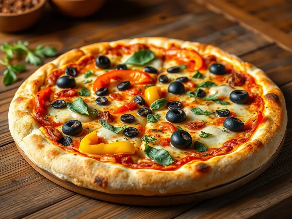 A vibrant, overhead shot of a Signature Boston Pizza, showcasing its colorful toppings and perfectly baked crust, placed on a wooden pizza peel.