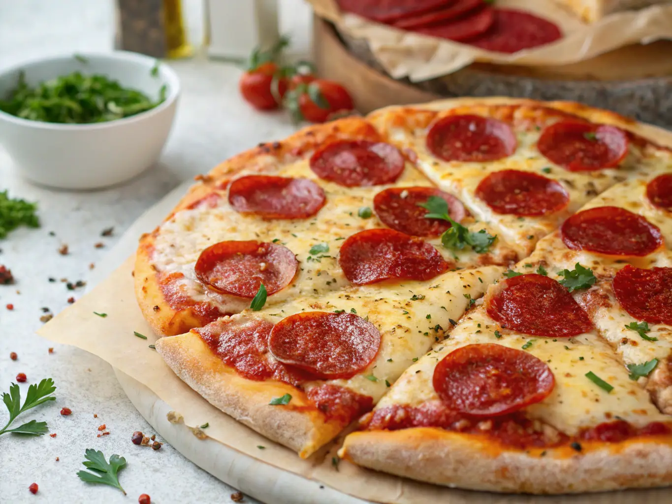 A close-up image of a Classic Pepperoni Pizza, highlighting the melted mozzarella cheese and perfectly crisp pepperoni slices.